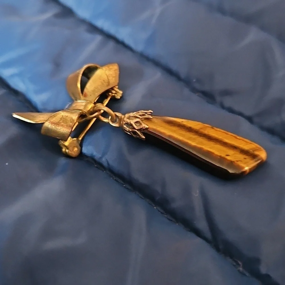 Gold Bow Pendant with Tiger's Eye Charm